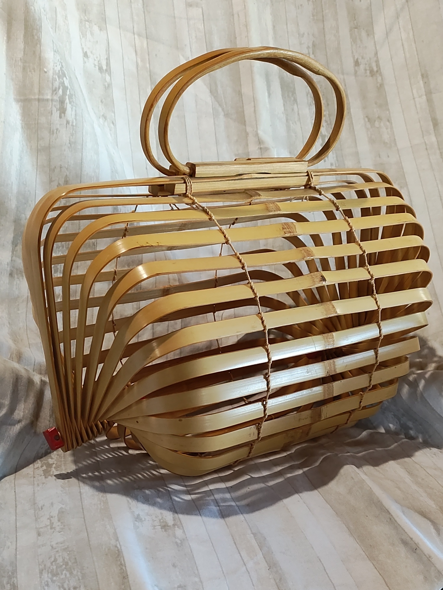 Vintage Japanese '40s-50s Bamboo Cage Tote Bag, Fold Flat To Store